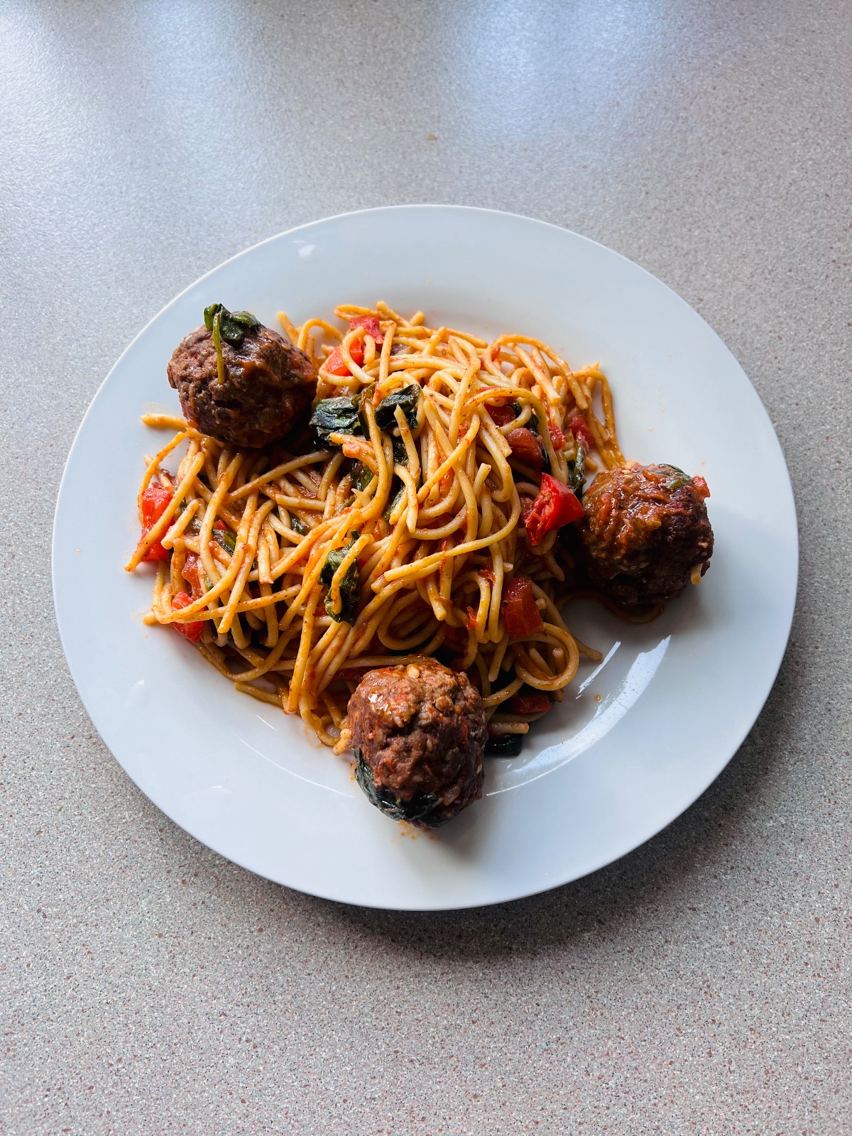 Spaghetti & Meatballs with Spinach and Peppers